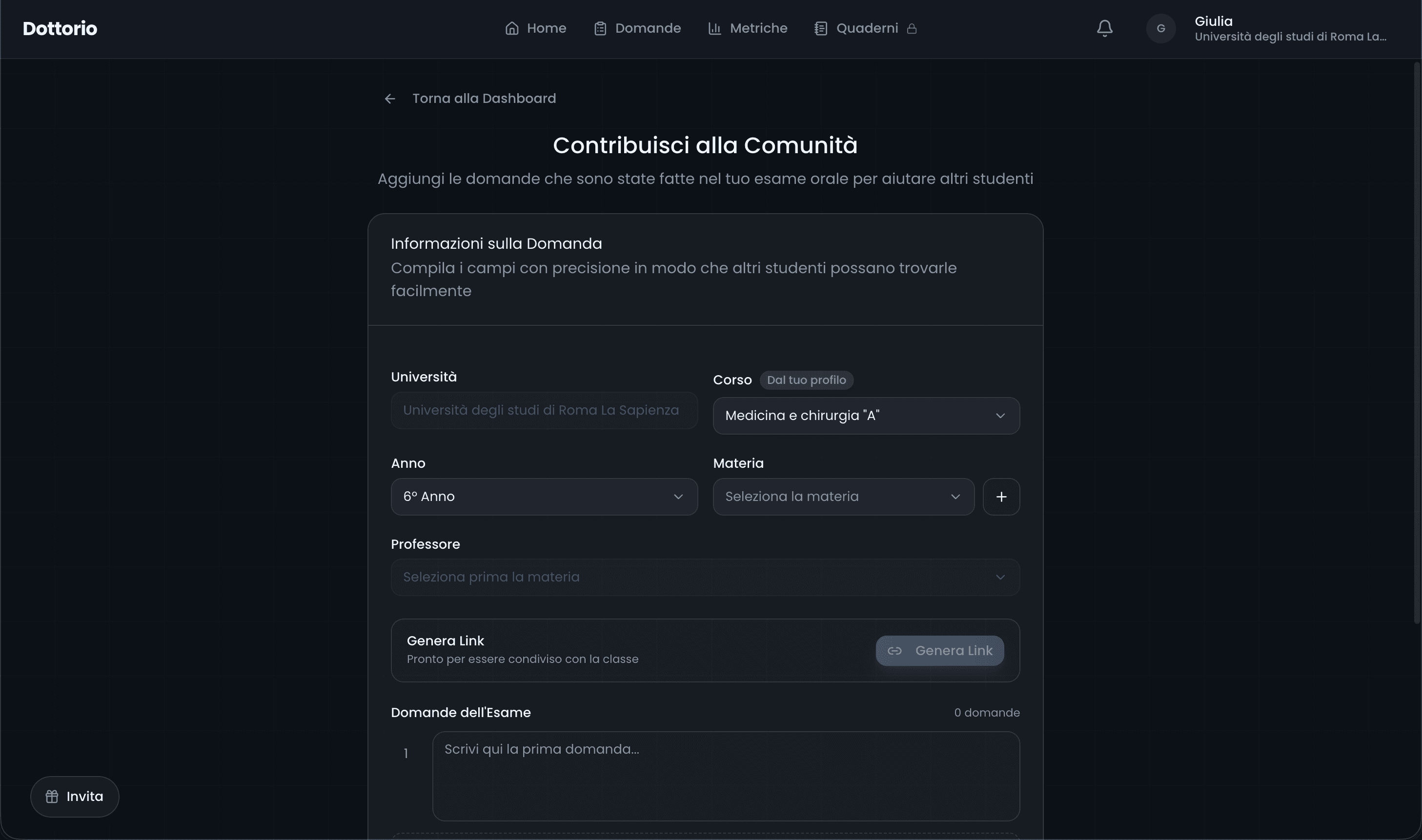 Il modulo "Contribuisci alla Comunità": campi Università, Corso, Anno, Materia, Professore, blocco Genera Link e lista delle domande